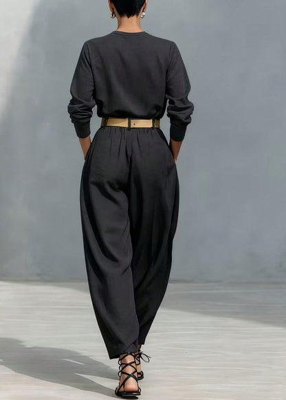 Plus Size Black Oversized Pockets Linen Pants Fall