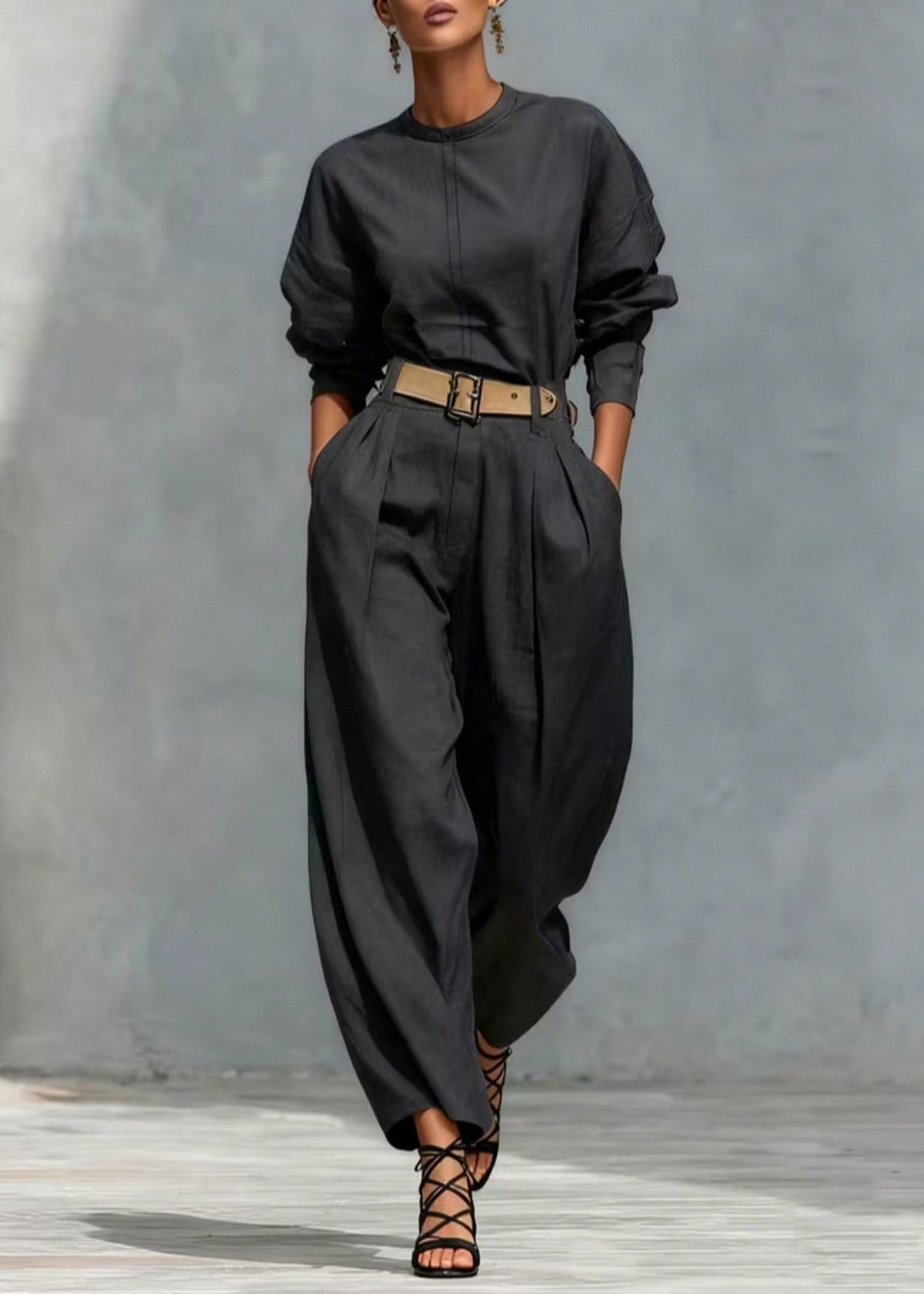 Plus Size Black Oversized Pockets Linen Pants Fall