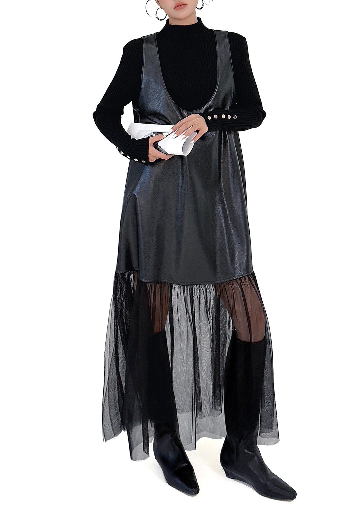 Plus Size Black Oversized Tulle Patchwork Faux Leather Dress Sleeveless