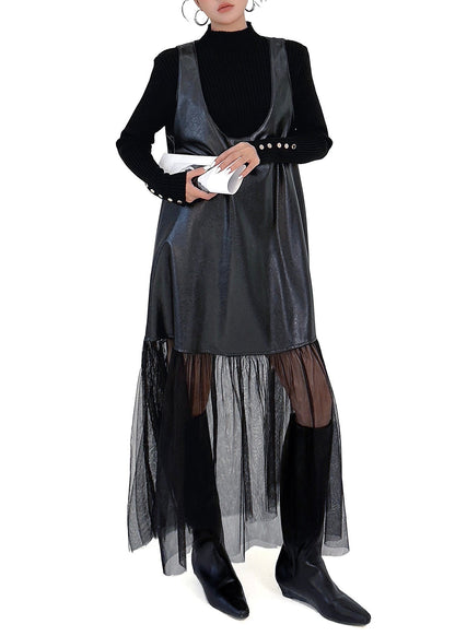 Plus Size Black Oversized Tulle Patchwork Faux Leather Dress Sleeveless
