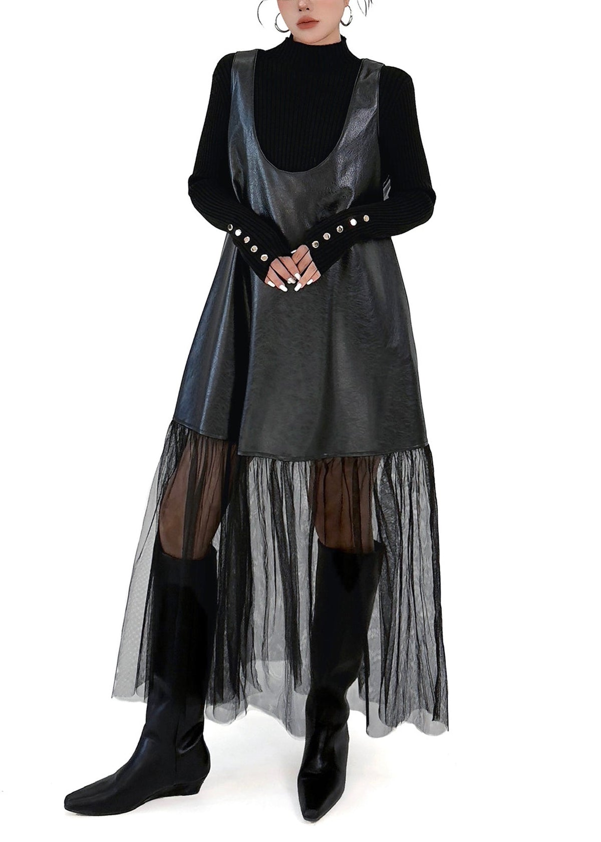 Plus Size Black Oversized Tulle Patchwork Faux Leather Dress Sleeveless