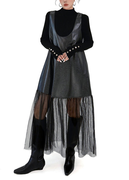 Plus Size Black Oversized Tulle Patchwork Faux Leather Dress Sleeveless