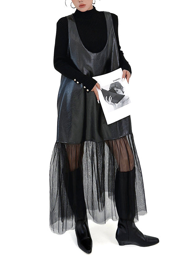 Plus Size Black Oversized Tulle Patchwork Faux Leather Dress Sleeveless