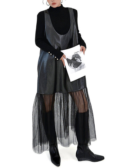 Plus Size Black Oversized Tulle Patchwork Faux Leather Dress Sleeveless