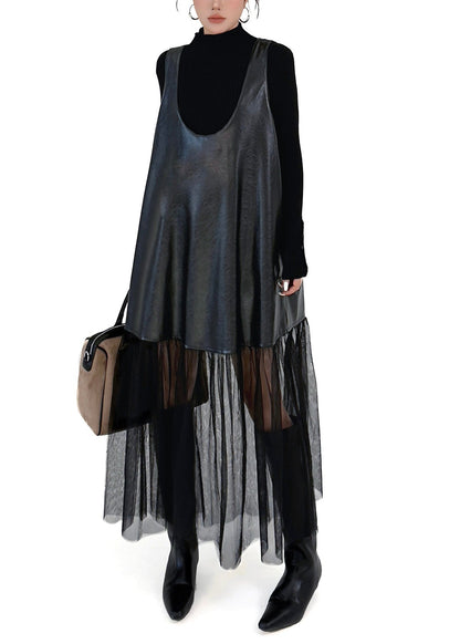 Plus Size Black Oversized Tulle Patchwork Faux Leather Dress Sleeveless
