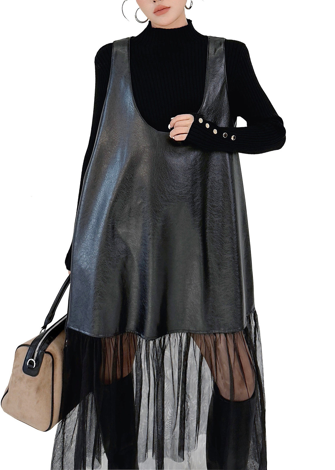 Plus Size Black Oversized Tulle Patchwork Faux Leather Dress Sleeveless