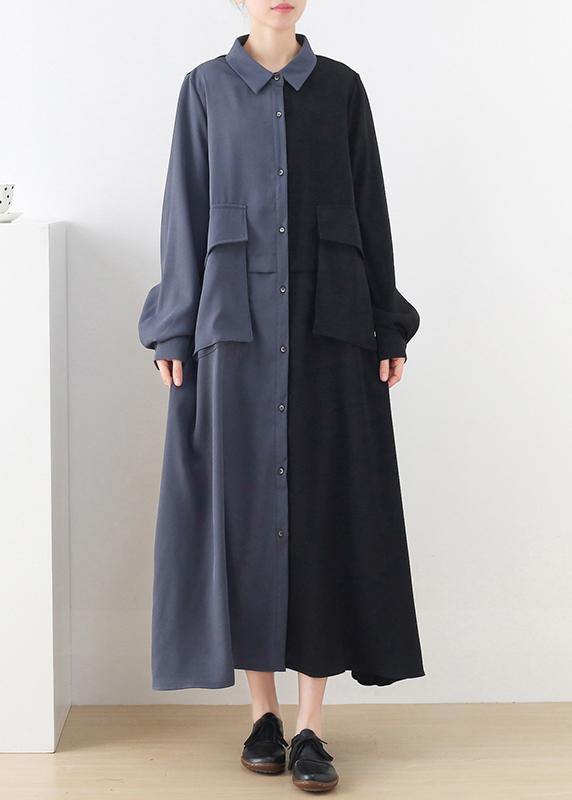 Plus Size Black Patchwork Blue Button Chiffon Spring Dress - SooLinen