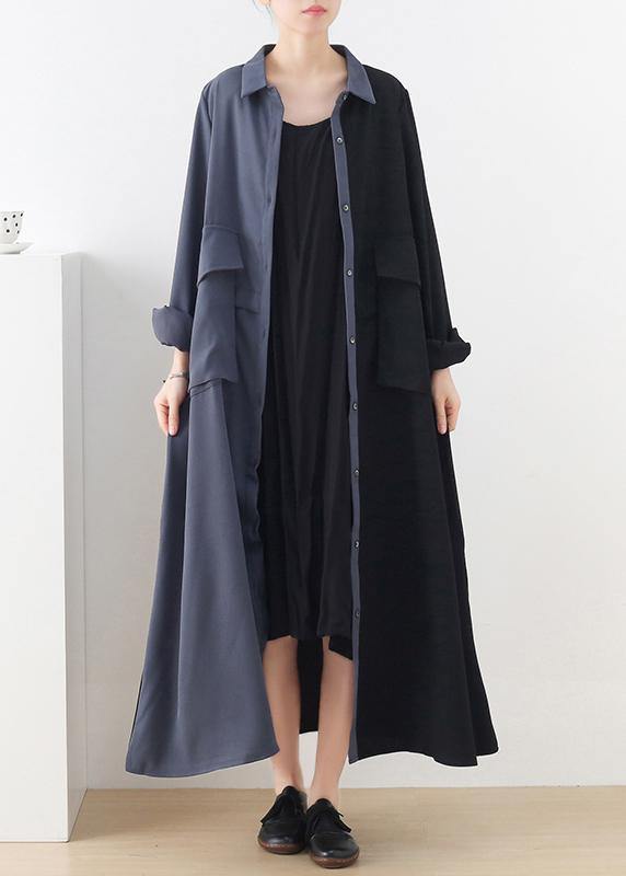 Plus Size Black Patchwork Blue Button Chiffon Spring Dress - SooLinen