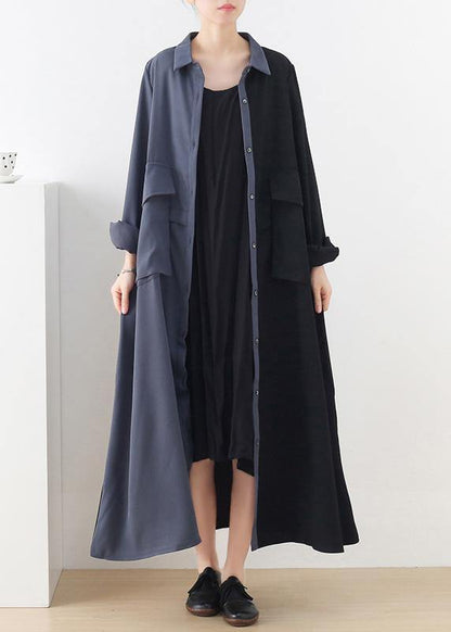 Plus Size Black Patchwork Blue Button Chiffon Spring Dress - SooLinen