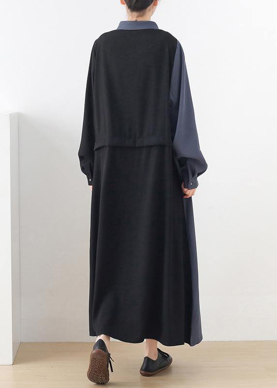 Plus Size Black Patchwork Blue Button Chiffon Spring Dress - SooLinen