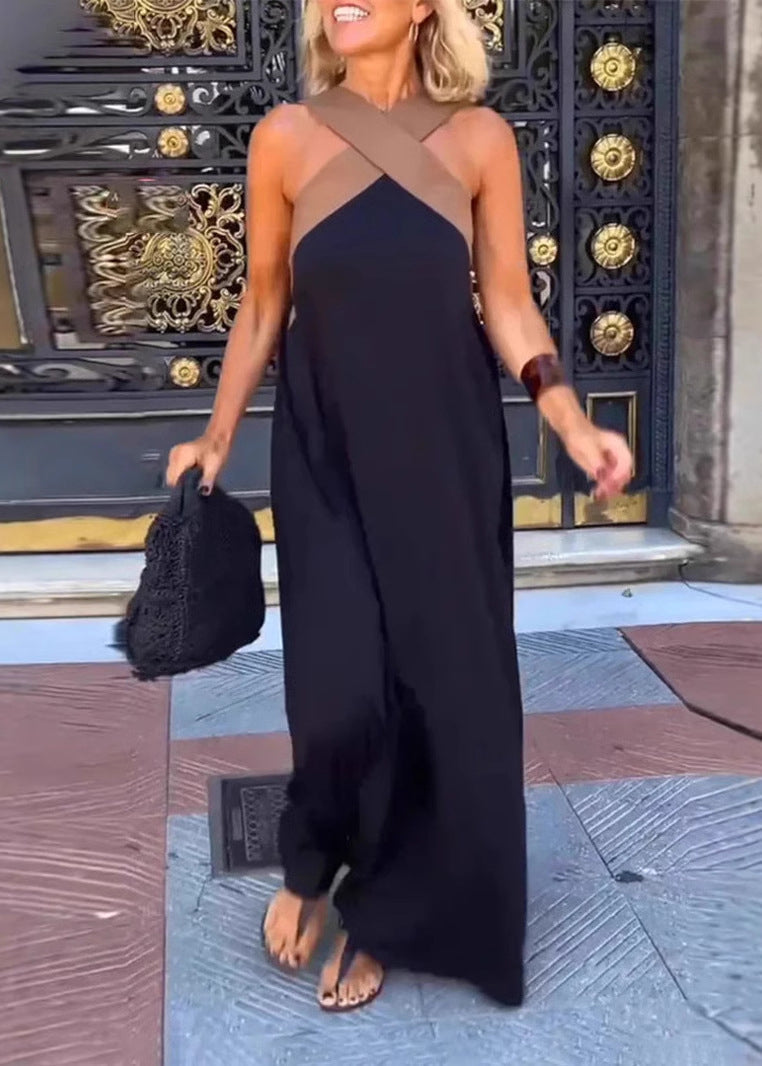 Plus Size Black Patchwork Crossing Holiday Dresses Summer