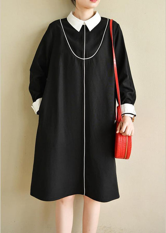 Plus Size Black Peter Pan Collar  Button Spring Long Dresses - SooLinen