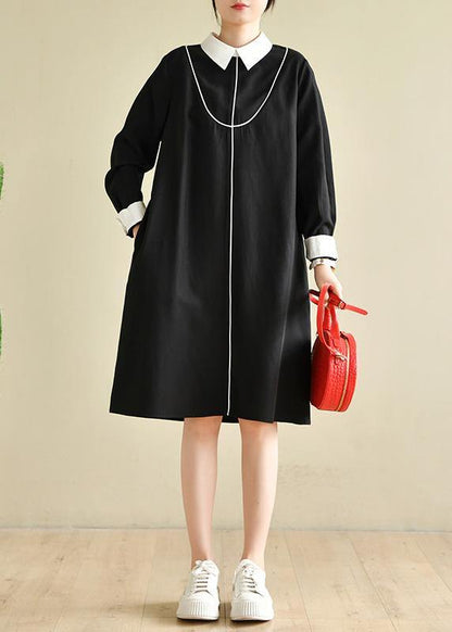 Plus Size Black Peter Pan Collar  Button Spring Long Dresses - SooLinen