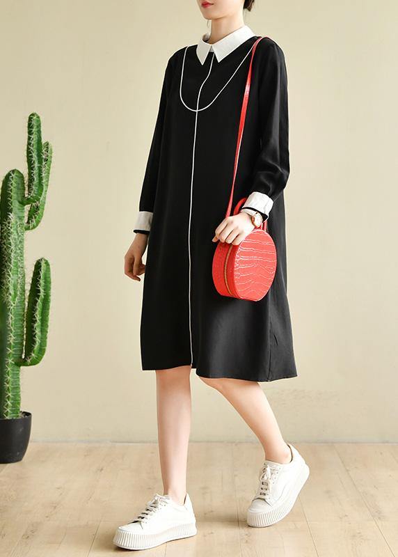 Plus Size Black Peter Pan Collar  Button Spring Long Dresses - SooLinen
