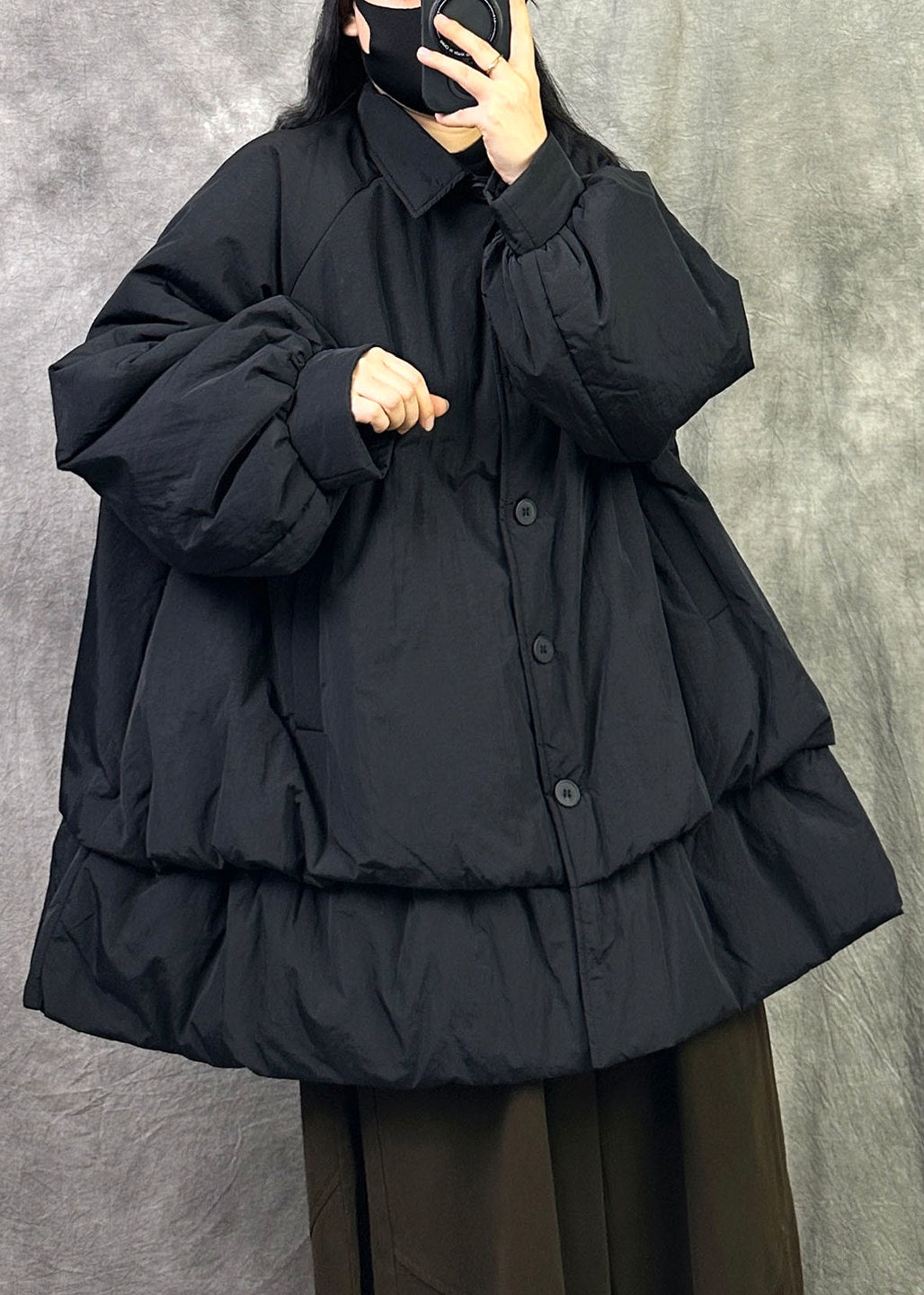 Plus Size Black Peter Pan Collar Button Fine Cotton Filled Jackets Winter