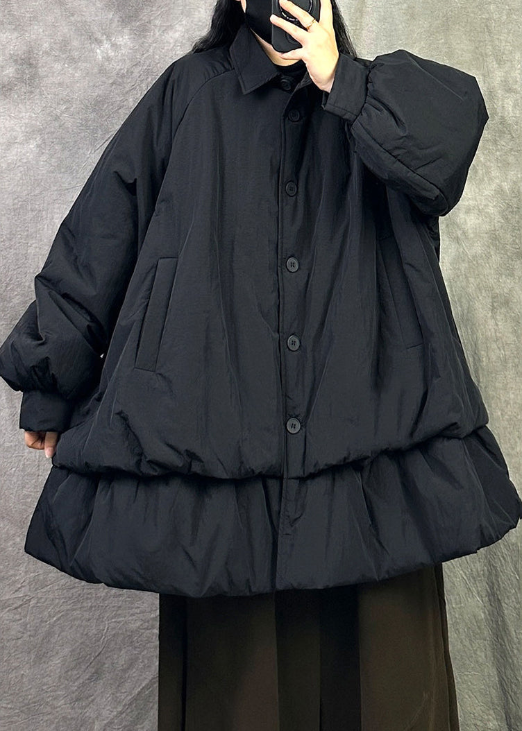 Plus Size Black Peter Pan Collar Button Fine Cotton Filled Jackets Winter