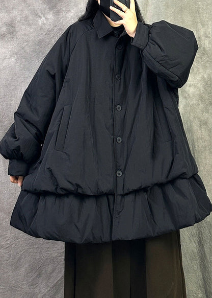 Plus Size Black Peter Pan Collar Button Fine Cotton Filled Jackets Winter
