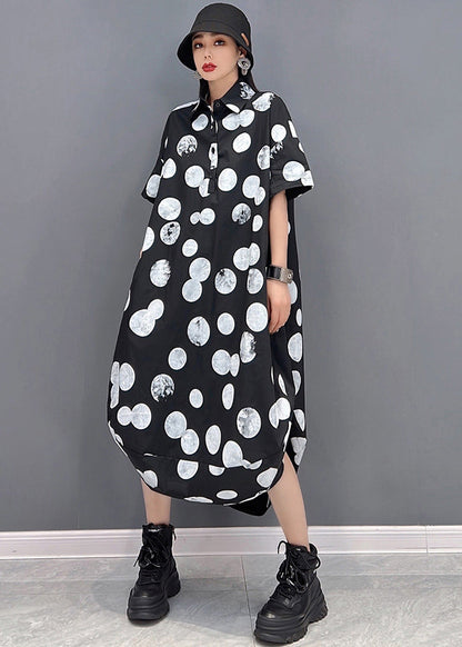 Plus Size Black Peter Pan Collar Dot Print Vogue Shirt Dress Short Sleeve