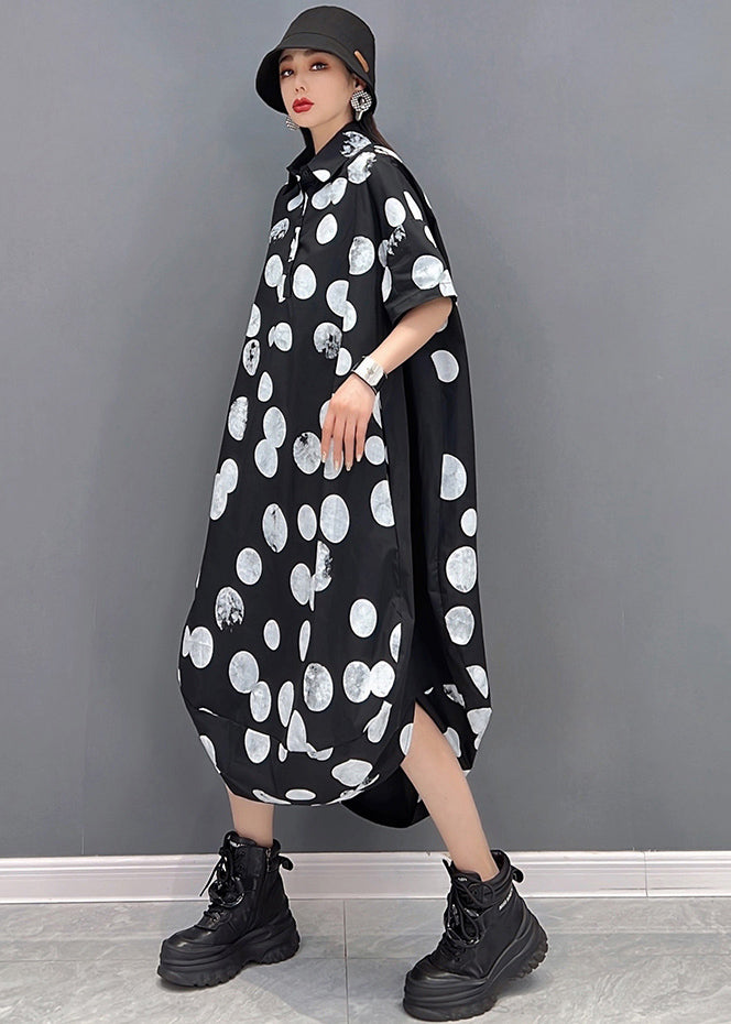 Plus Size Black Peter Pan Collar Dot Print Vogue Shirt Dress Short Sleeve