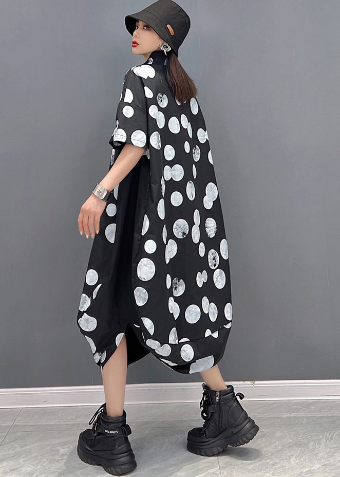 Plus Size Black Peter Pan Collar Dot Print Vogue Shirt Dress Short Sleeve