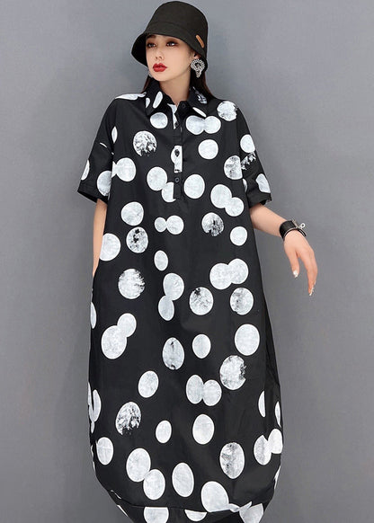 Plus Size Black Peter Pan Collar Dot Print Vogue Shirt Dress Short Sleeve