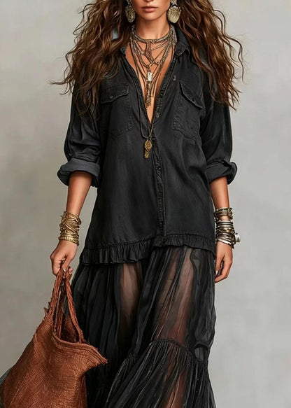 Plus Size Black Peter Pan Collar Patchwork Denim Dress Summer
