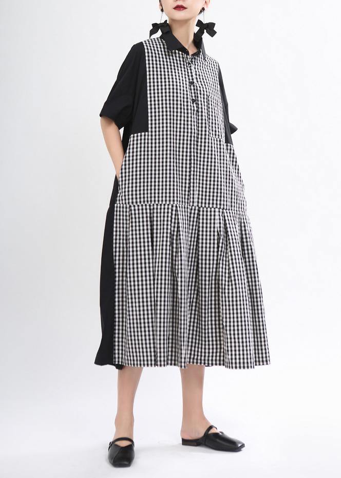 Plus Size Black Peter Pan Collar Plaid Summer Cotton Dress - SooLinen