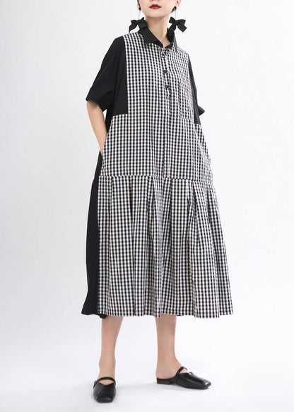 Plus Size Black Peter Pan Collar Plaid Summer Cotton Dress - SooLinen