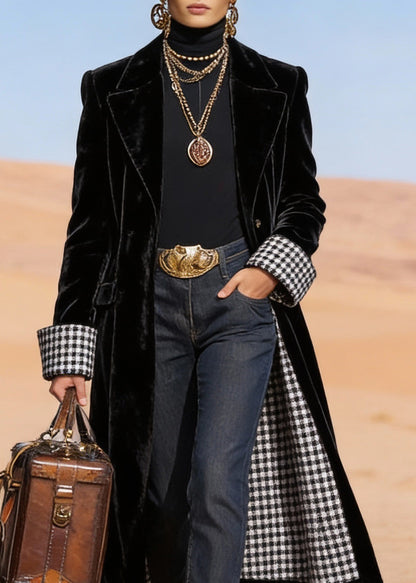 Plus Size Black Peter Pan Collar Pockets Velvet Trench Spring