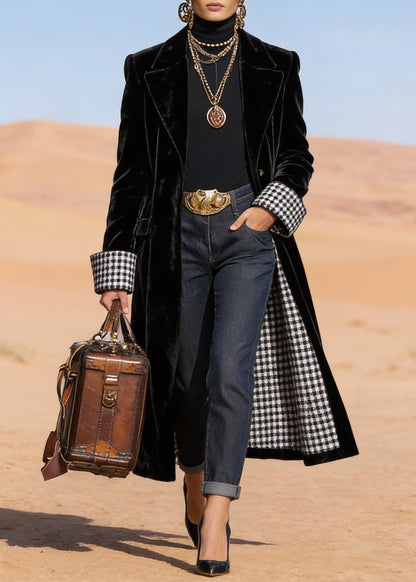 Plus Size Black Peter Pan Collar Pockets Velvet Trench Spring