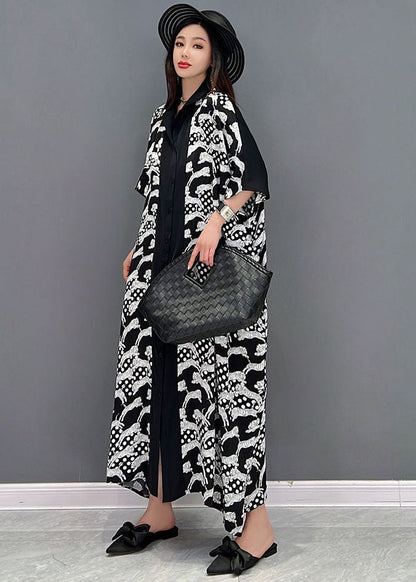 Plus Size Black Peter Pan Collar Print Button Cotton Shirt Dress Short Sleeve