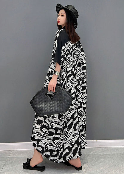 Plus Size Black Peter Pan Collar Print Button Cotton Shirt Dress Short Sleeve