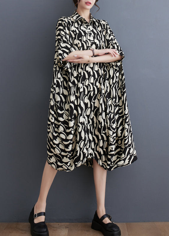 Plus Size Black Peter Pan Collar Print Cotton Shirts Dress Batwing Sleeve