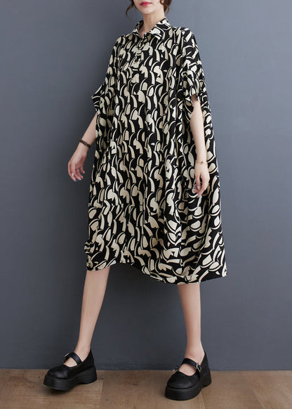 Plus Size Black Peter Pan Collar Print Cotton Shirts Dress Batwing Sleeve