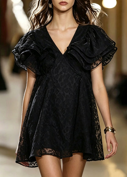 Plus Size Black Peter Pan Collar Tulle Mini Dress Summer