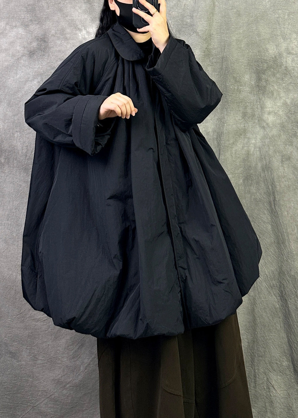Plus Size Black Peter Pan Collar Warm Fine Cotton Filled Coat In Winter