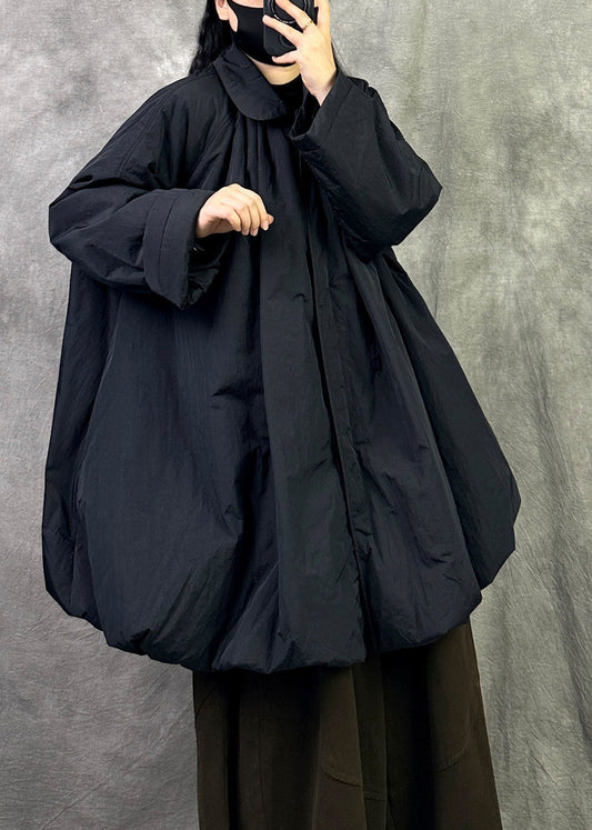 Plus Size Black Peter Pan Collar Warm Fine Cotton Filled Coat In Winter