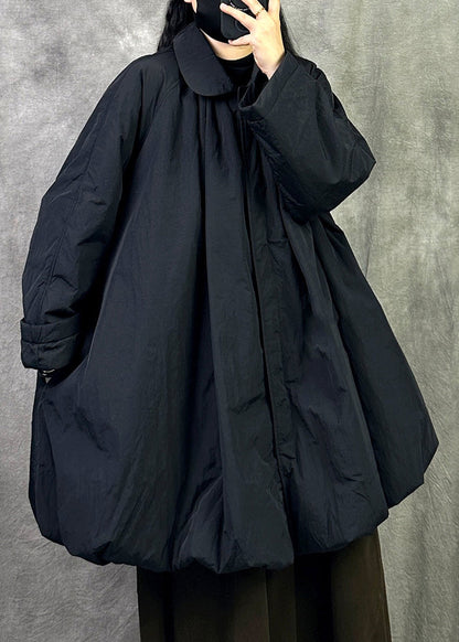 Plus Size Black Peter Pan Collar Warm Fine Cotton Filled Coat In Winter