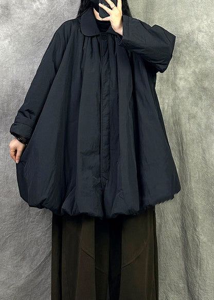 Plus Size Black Peter Pan Collar Warm Fine Cotton Filled Coat In Winter