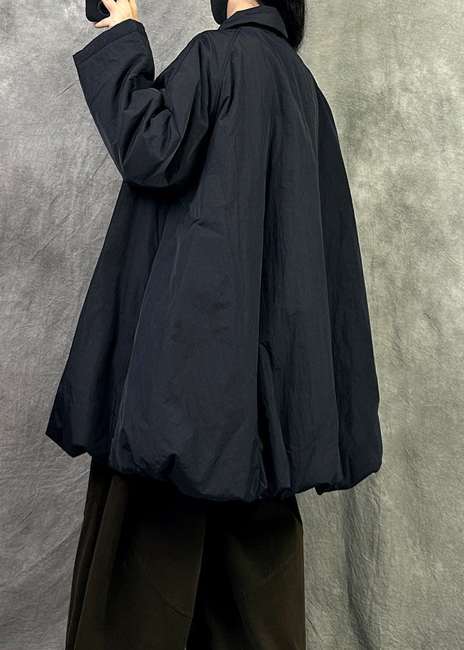 Plus Size Black Peter Pan Collar Warm Fine Cotton Filled Coat In Winter