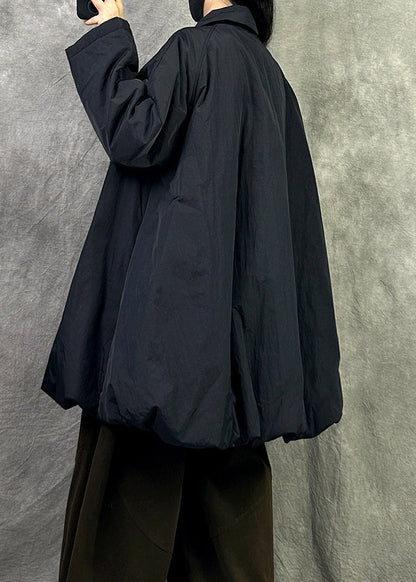 Plus Size Black Peter Pan Collar Warm Fine Cotton Filled Coat In Winter