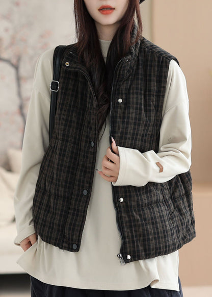 Plus Size Black Plaid Fine Cotton Filled Women Witner Vests