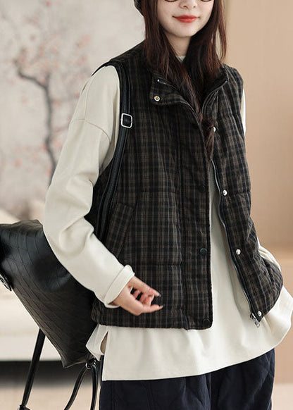 Plus Size Black Plaid Fine Cotton Filled Women Witner Vests