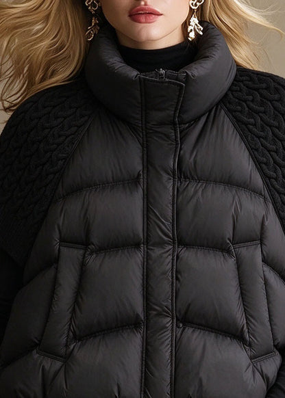 Plus Size Black Pockets Knit Patchwork Drawstring Warm Waistcoat Winter