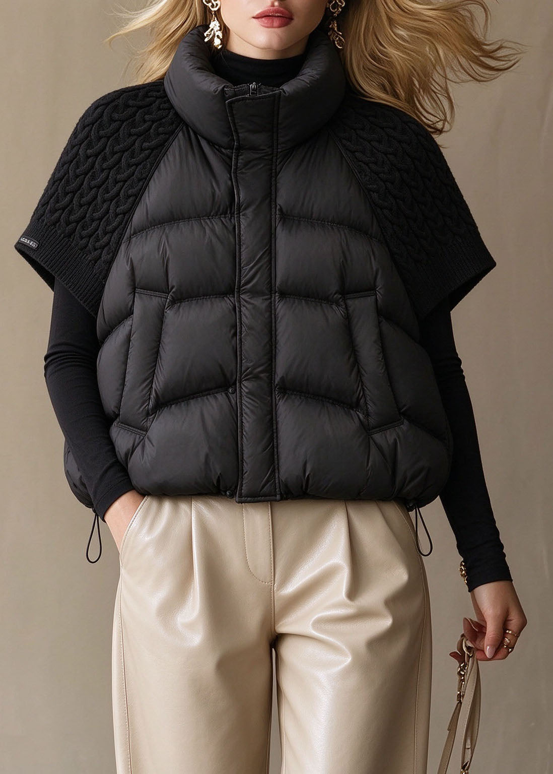 Plus Size Black Pockets Knit Patchwork Drawstring Warm Waistcoat Winter