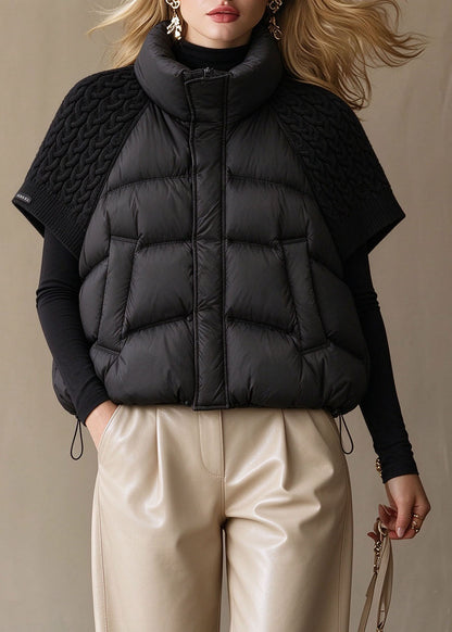 Plus Size Black Pockets Knit Patchwork Drawstring Warm Waistcoat Winter