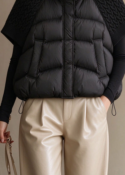 Plus Size Black Pockets Knit Patchwork Drawstring Warm Waistcoat Winter