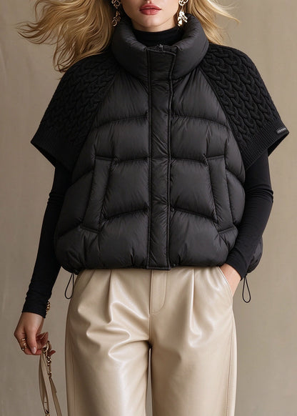 Plus Size Black Pockets Knit Patchwork Drawstring Warm Waistcoat Winter