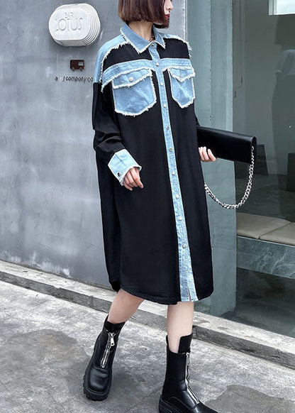 Plus Size Black Pockets Patchwork Button Fall Dresses Long sleeve