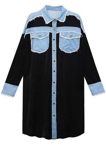Plus Size Black Pockets Patchwork Button Fall Dresses Long sleeve